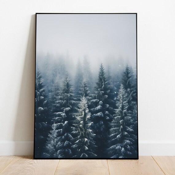 Moody Winter Forest Scenery Winter Mountain Print Rustic Winter Landscape Print Christmas Art Cottagecore Wall Art