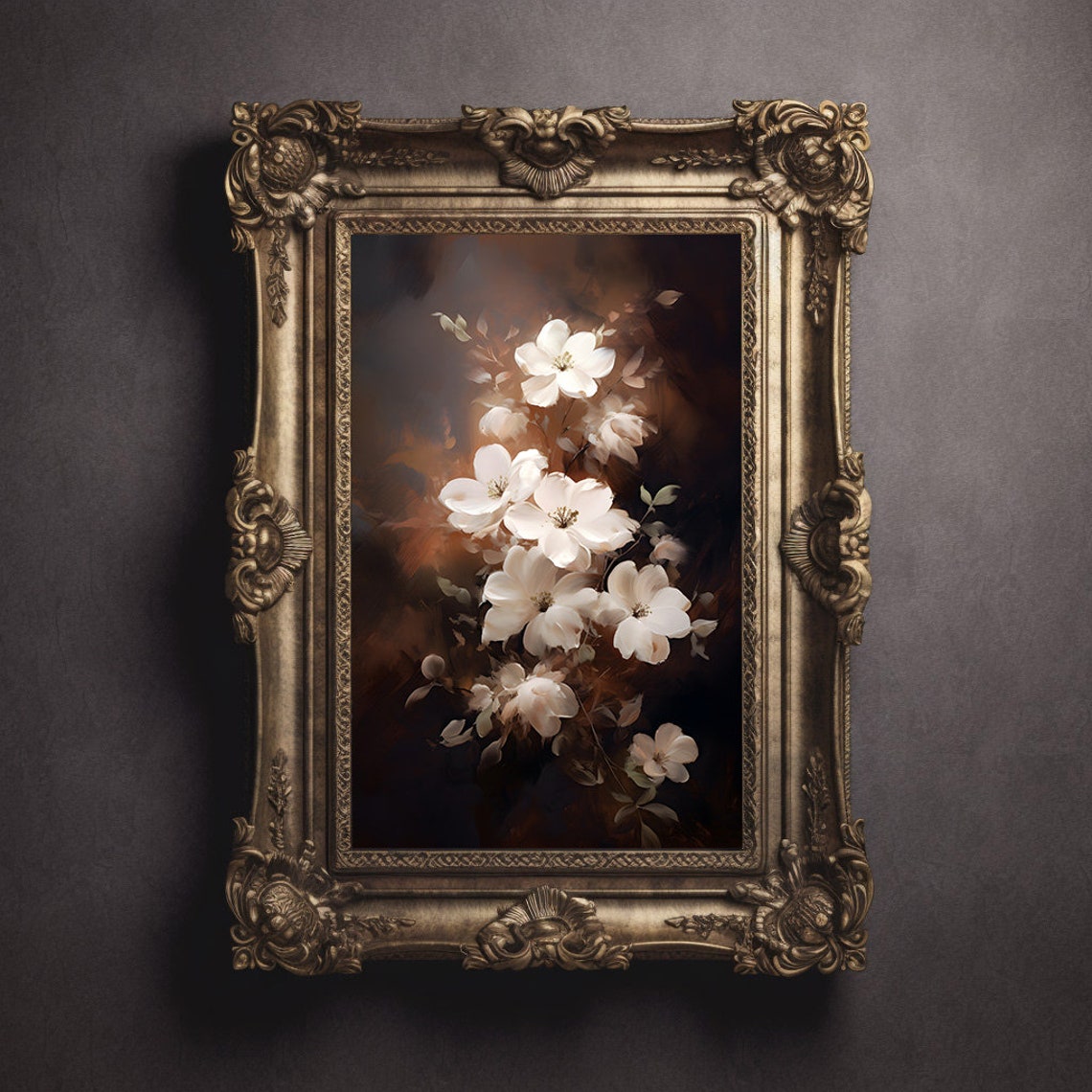 White Flowers Blooming On A Dark Moody Botanical Background Poster - Image 2