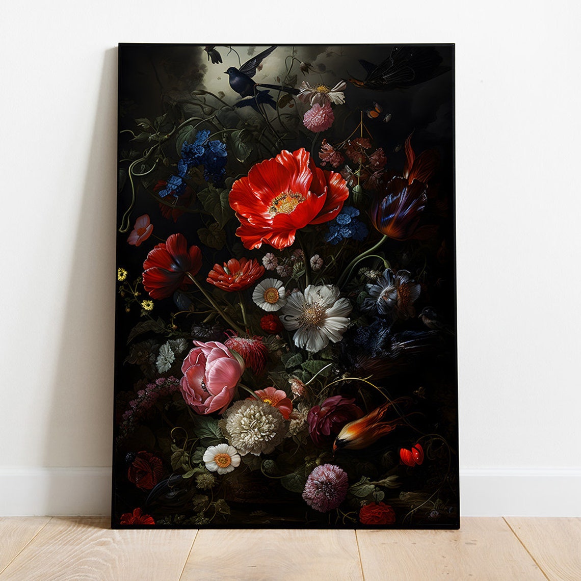 Dutch Master Style Dark Floral Still Life Red Poppy Art Print