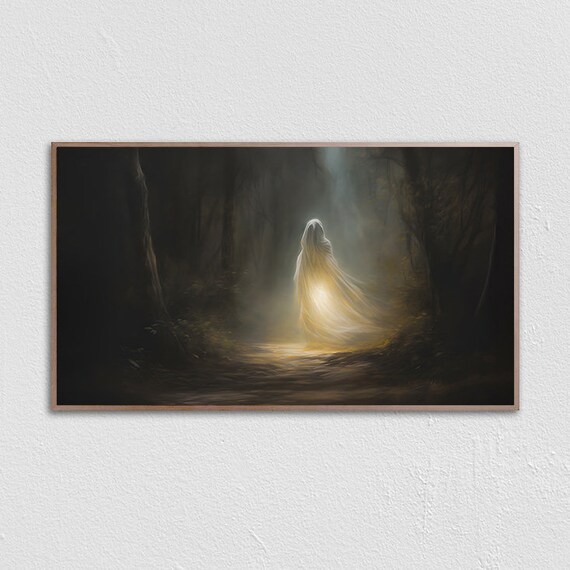 Glowing White Ghost Dark Misty Forest Path Night Spirit Wall Art
