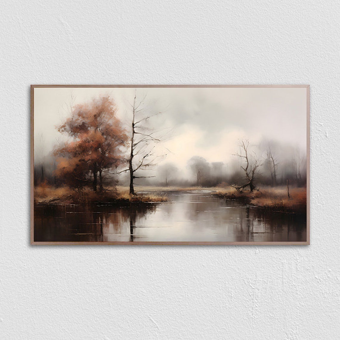 Moody Autumn Lake Bare Trees Foggy Dark Reflection Art Print