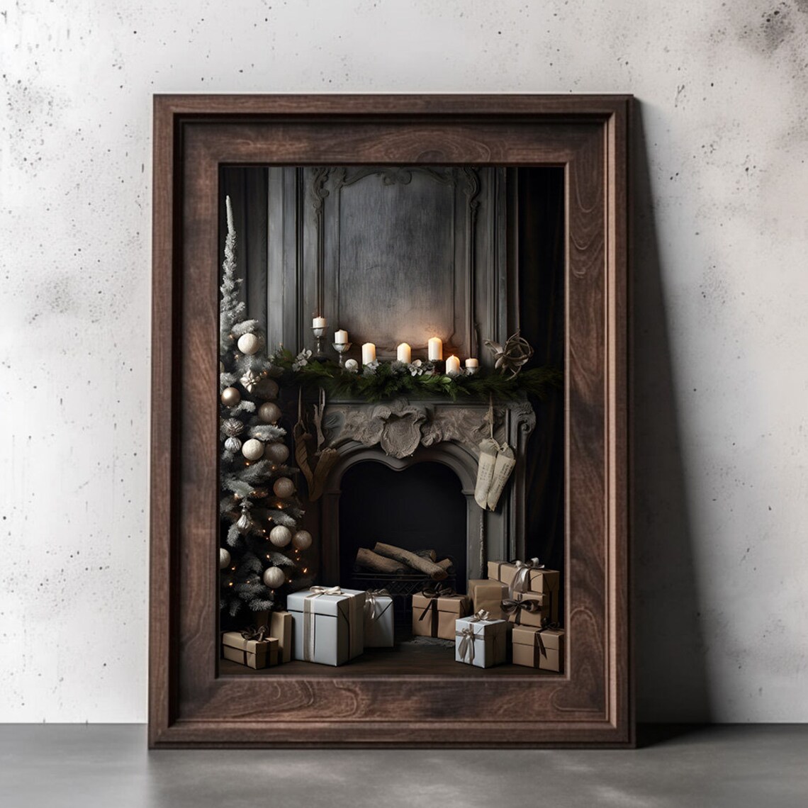Moody Christmas Fireplace Mantel With Candles And Gifts Poster - Image 3