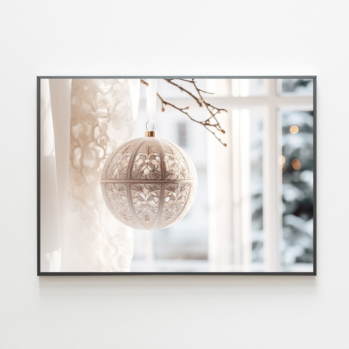 Elegant White Lace Christmas Bauble Hanging By Sunny Window Poster