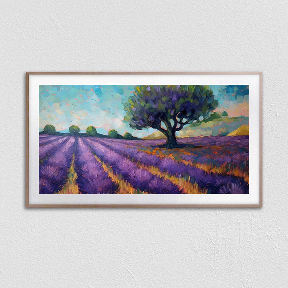 Lavender Field Impasto Oil Painting with Big Tree and Blue Sky Poster - Image 3