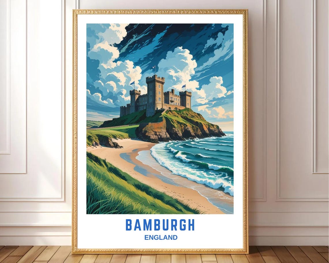 Bamburgh England Castle Cliff Beach Dramatic Coastal Travel Poster