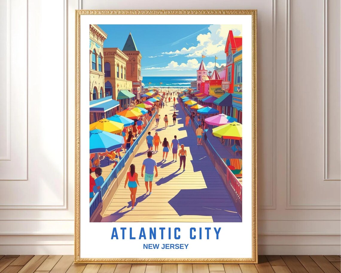 Atlantic City New Jersey Colorful Boardwalk Beach Scene Poster