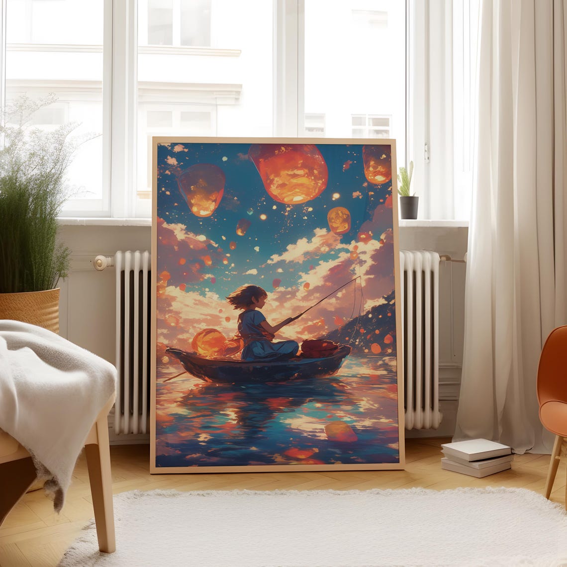 Anime Boy Fishing Sunset Boat Floating Sky Lanterns Magic Poster - Image 4