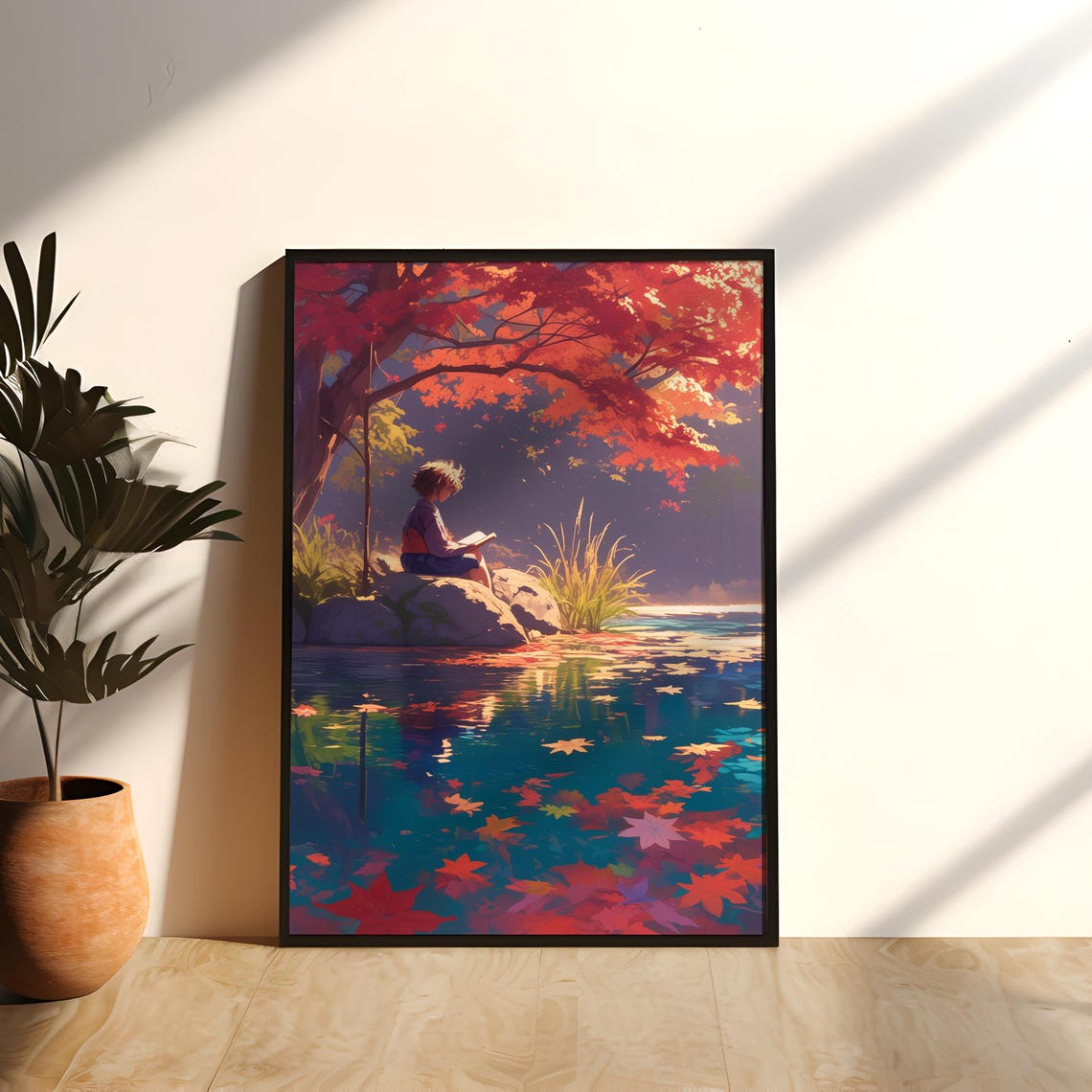 Quiet Cozy Anime Boy Reading Book by Autumn Maple Pond Poster - Image 3