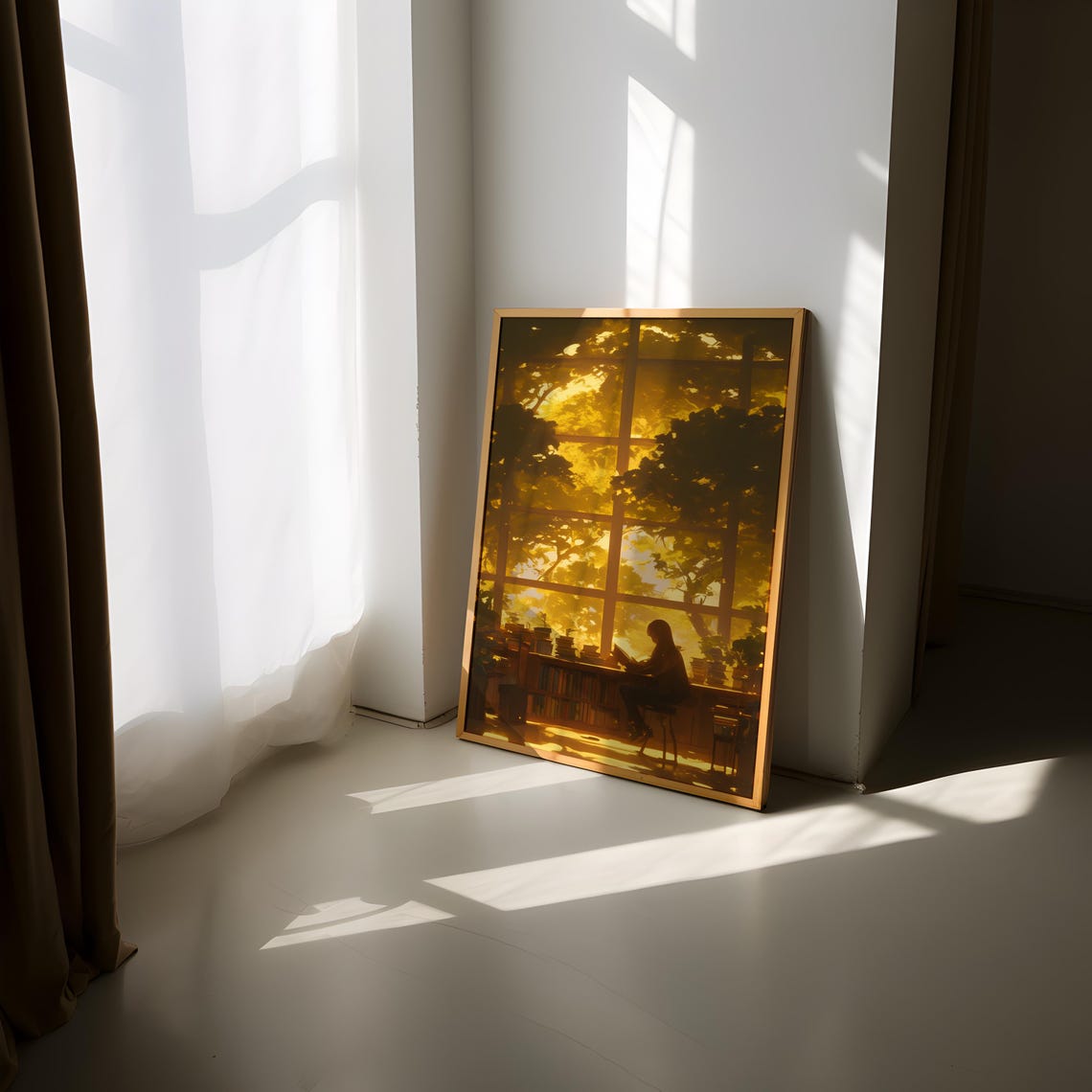 Sunlit Library Reading Nook Golden Sunset Window View Poster - Image 3