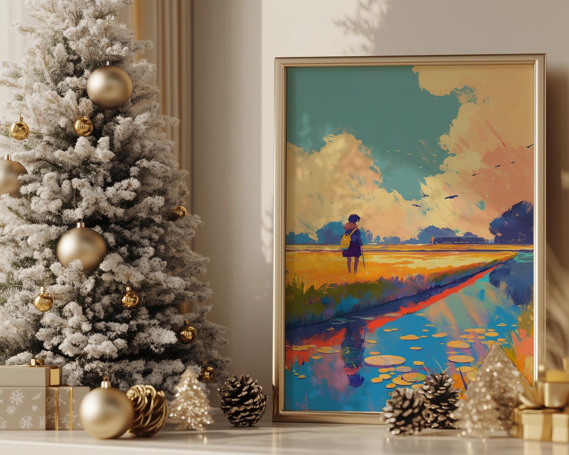 Tranquil Countryside Girl Golden Field Stream Lilies Lofi Art Poster - Image 3