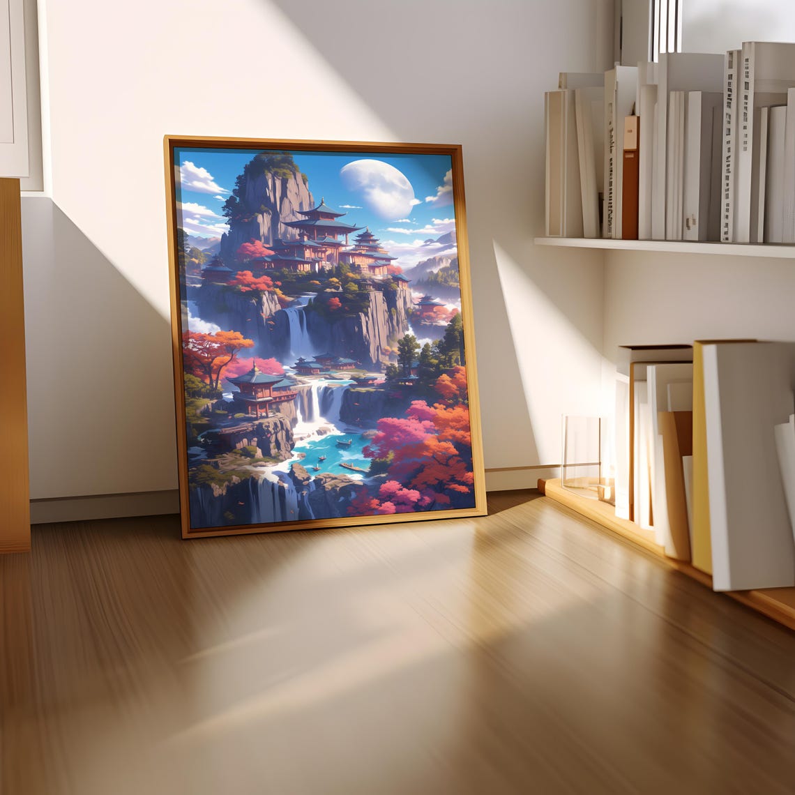 Epic Fantasy Mountain Temple With Waterfalls and Moon Sky Poster - Image 2
