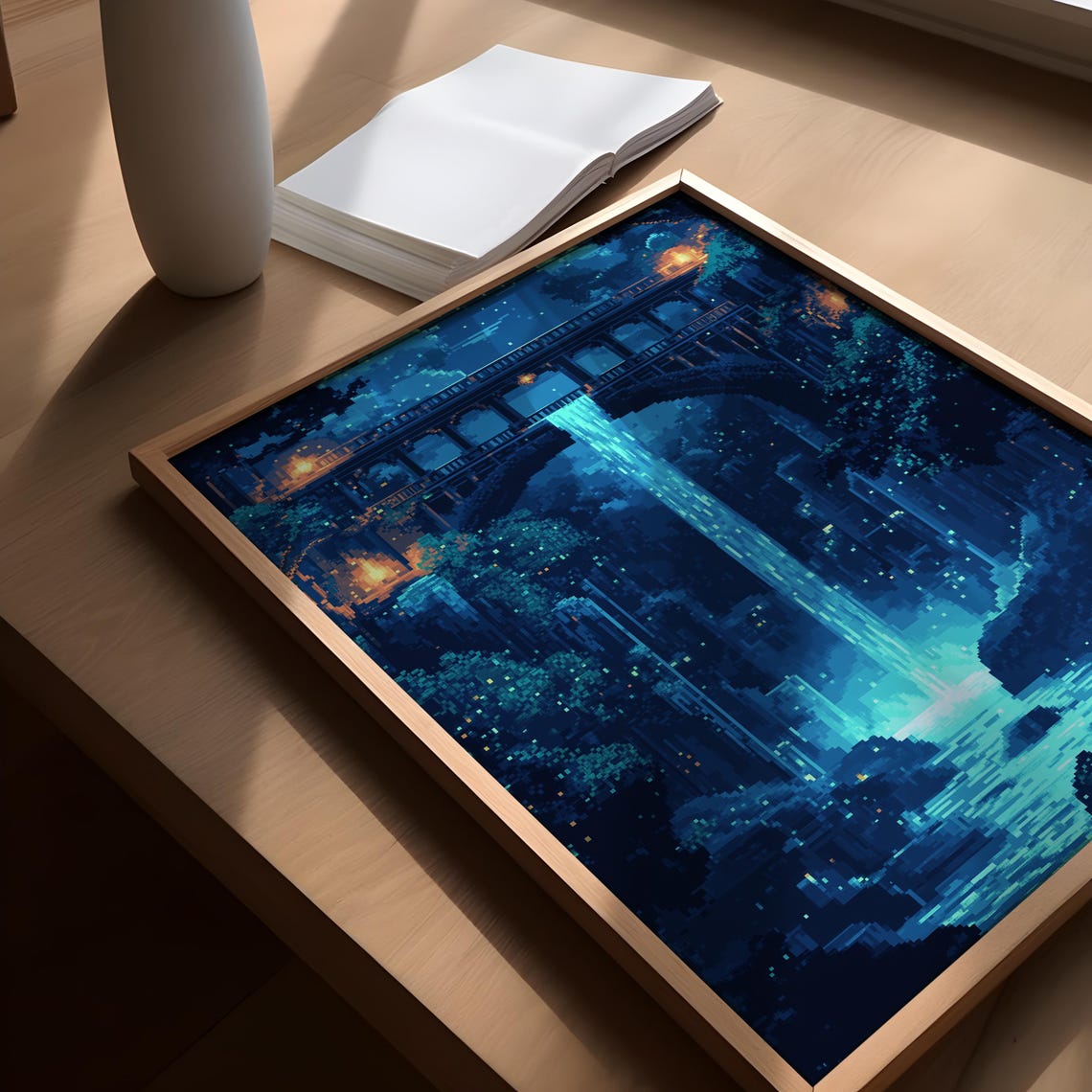 Pixel Art Night Waterfall Stone Bridge Mystical Lanterns Poster - Image 3