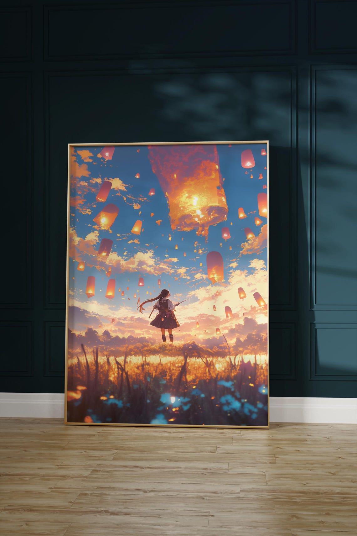 Anime Girl Floating Sky Lanterns Sunset Field Dreamy Lofi Art Poster - Image 3