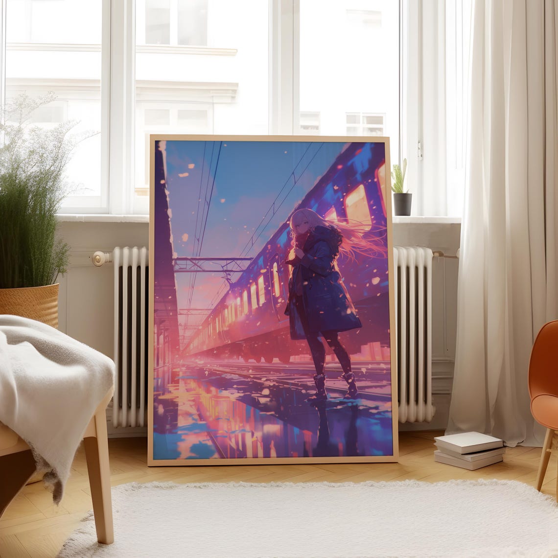Anime Girl Snowy Train Station Sunset Pink Winter Tracks Poster - Image 4