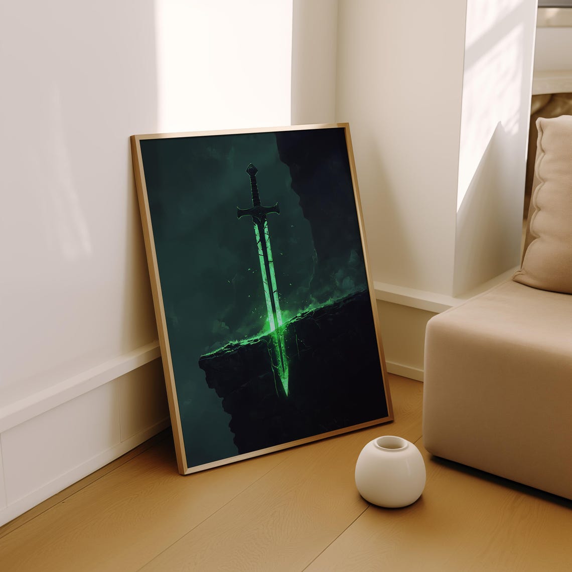 Fantasy Glowing Green Sword Dark Cliff Magic Ancient Blade Art Poster - Image 2