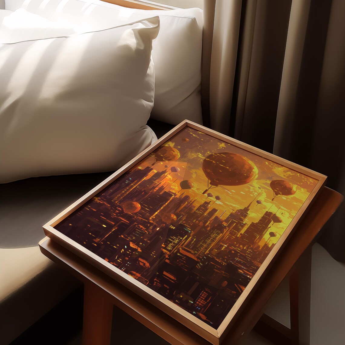 Golden Sunset Futuristic City Hot Air Balloons Warm Urban Art Poster - Image 3