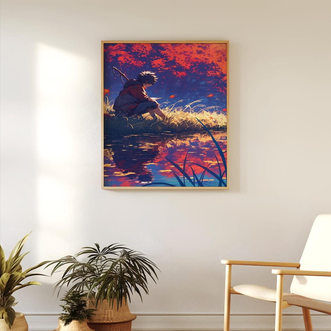 Anime Boy Reading Sunset Lake Reflection Autumn Grasses Poster - Image 3
