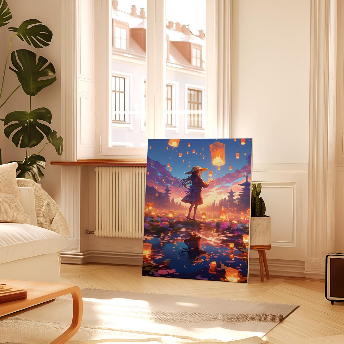 Anime Girl Releasing Glowing Sky Lanterns Over Water at Dusk Poster - Image 3