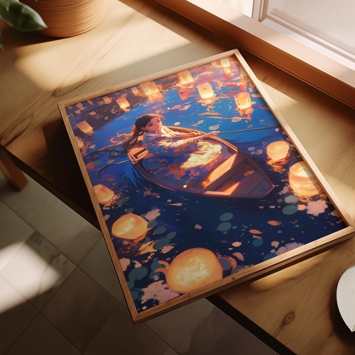 Japanese Kimono Girl Rowing Boat Floating Lanterns Night Water Poster - Image 2