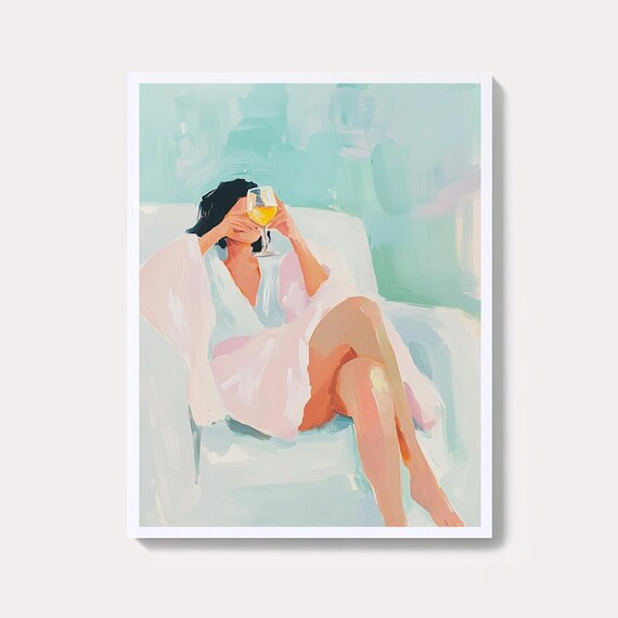 Woman Drinking White Wine On Couch Pastel Relaxation Art Poster