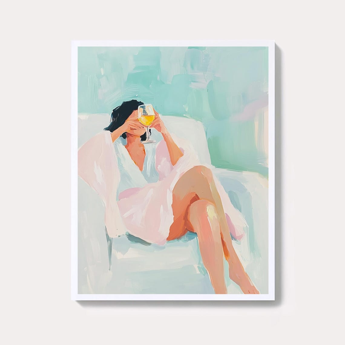 Woman Drinking White Wine On Couch Pastel Relaxation Art Poster