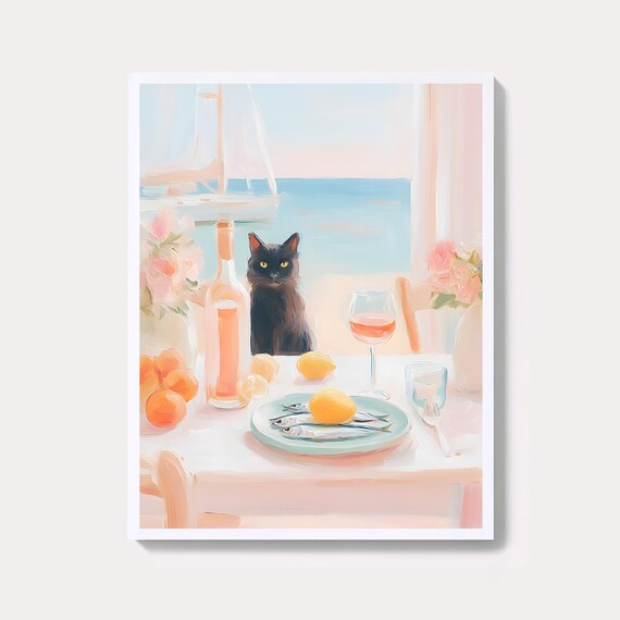 Black Cat Coastal Dinner Whimsical Kitchen Cat Lover Wall Art
