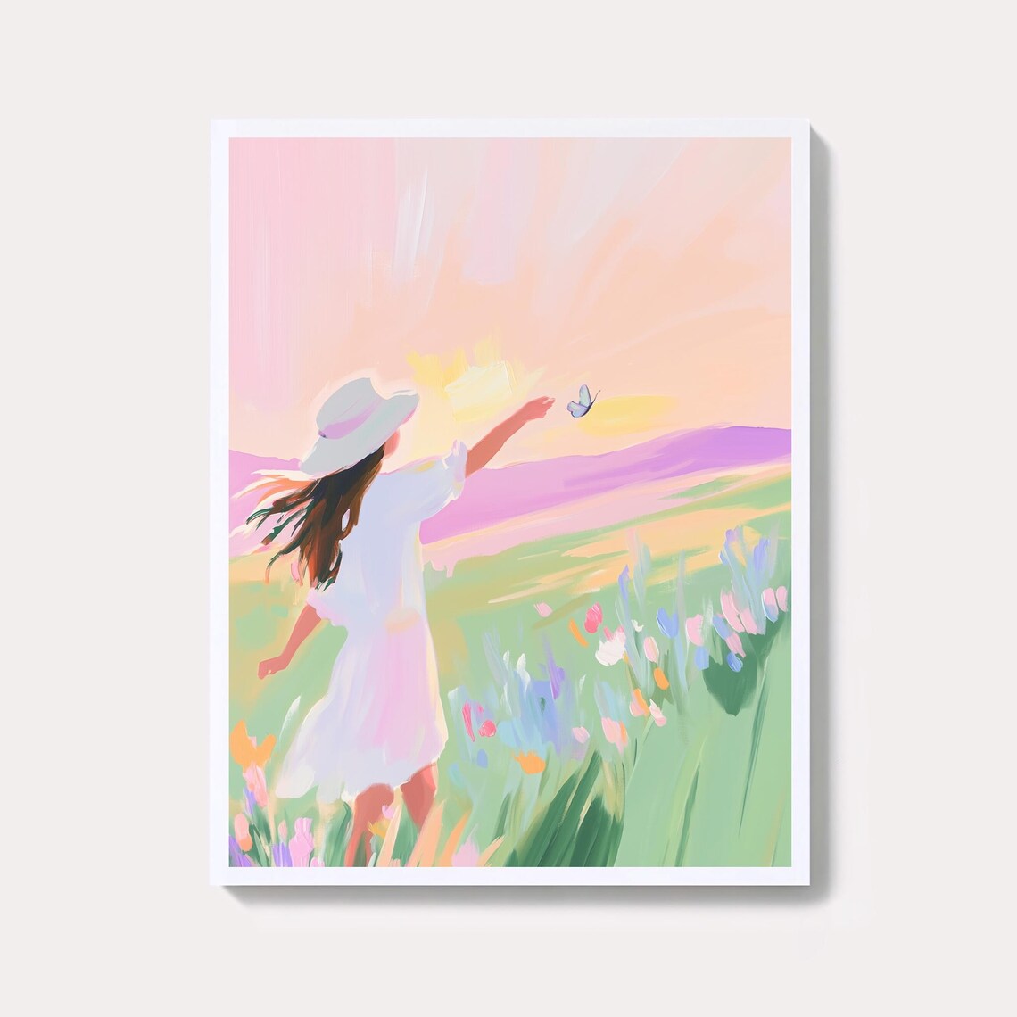 Woman In White Dress Releasing Butterfly In Wildflower Meadow Poster
