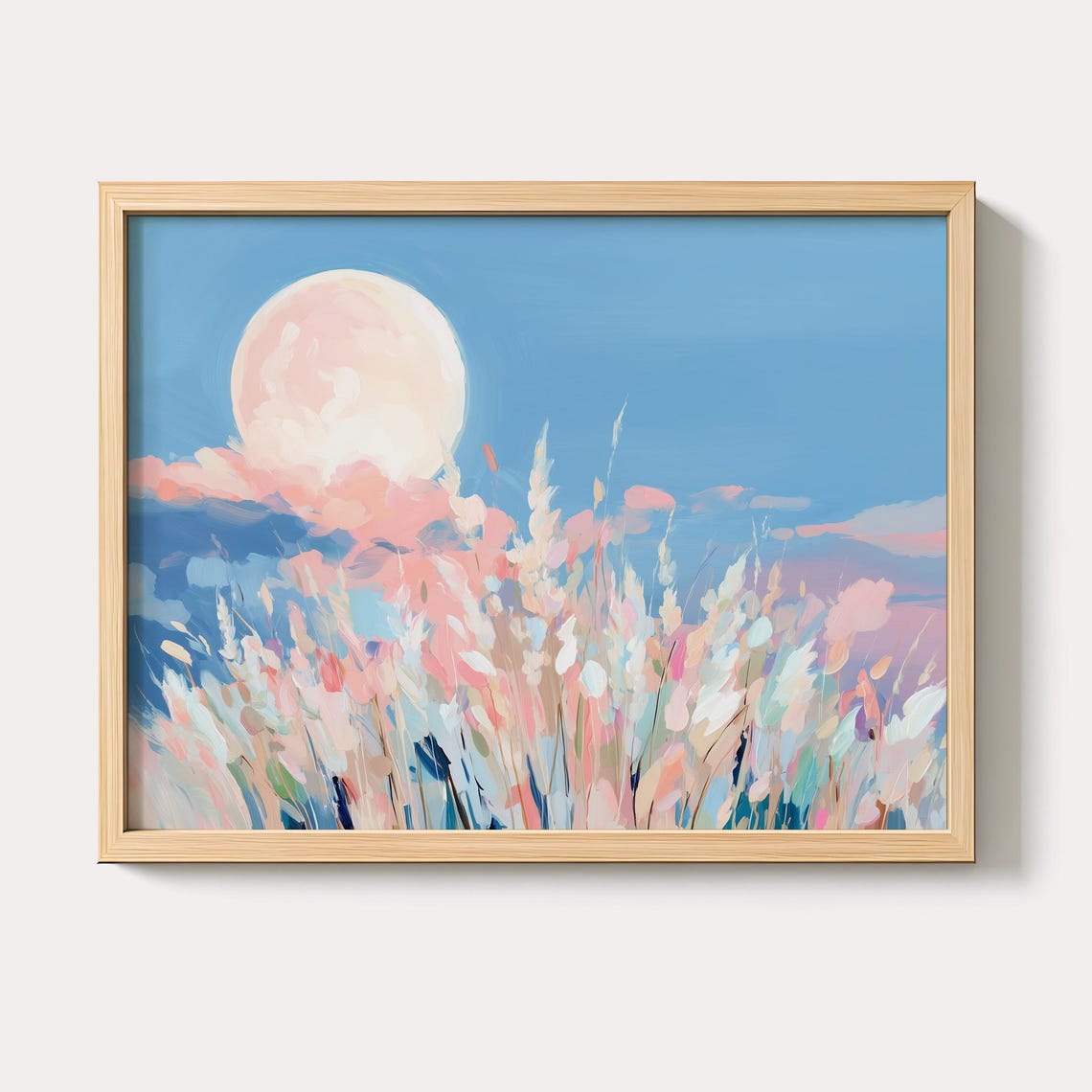 Full Moon Rising Over Pastel Wildflower Meadow Night Sky Poster