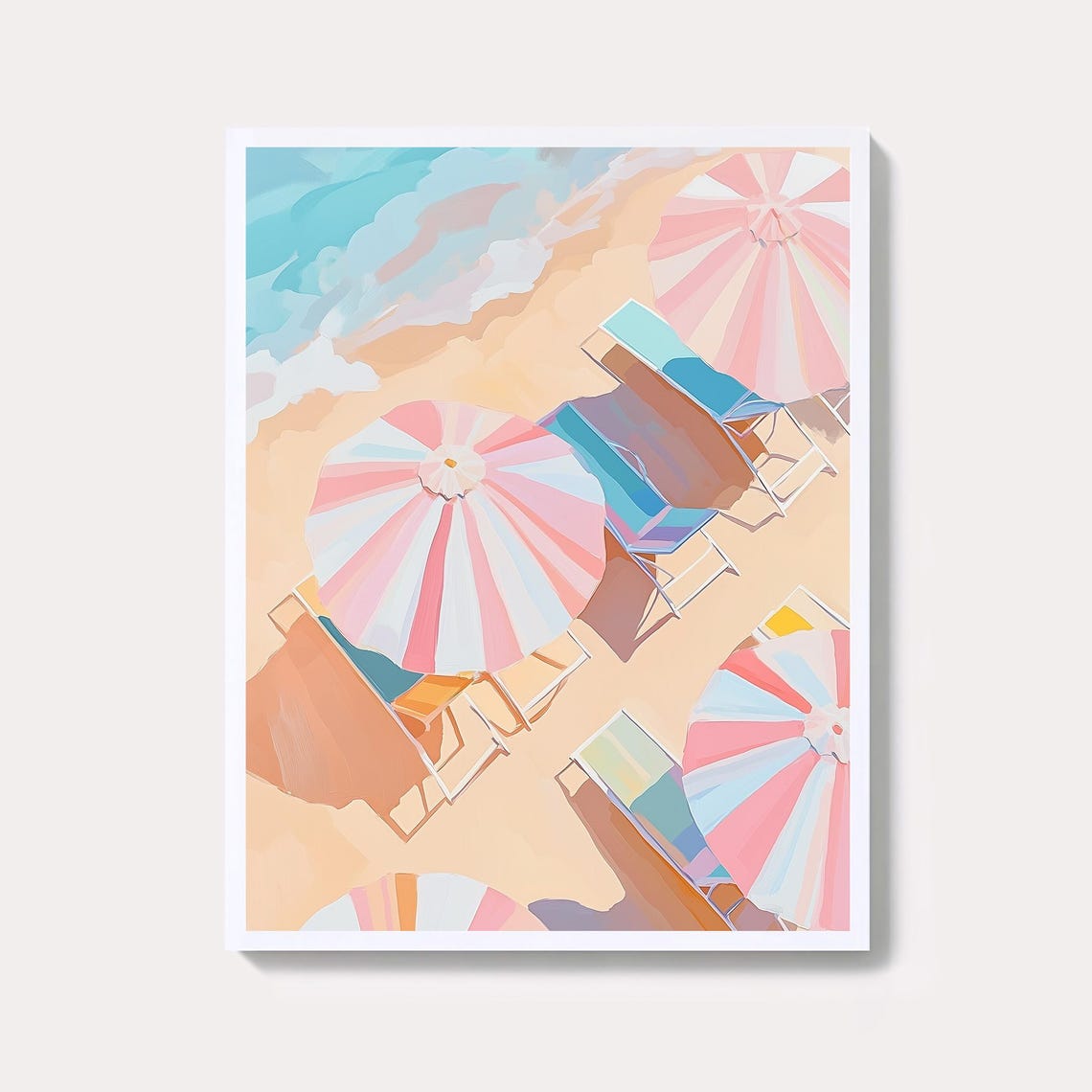 Aerial Beach Umbrellas Striped Pastel Coastal Scene Wall Art