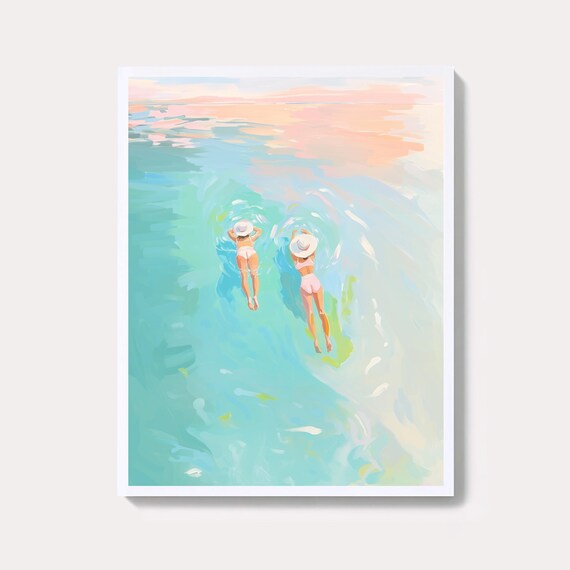 Swimmers In Turquoise Water Pastel Minimalist Beach Painting Poster