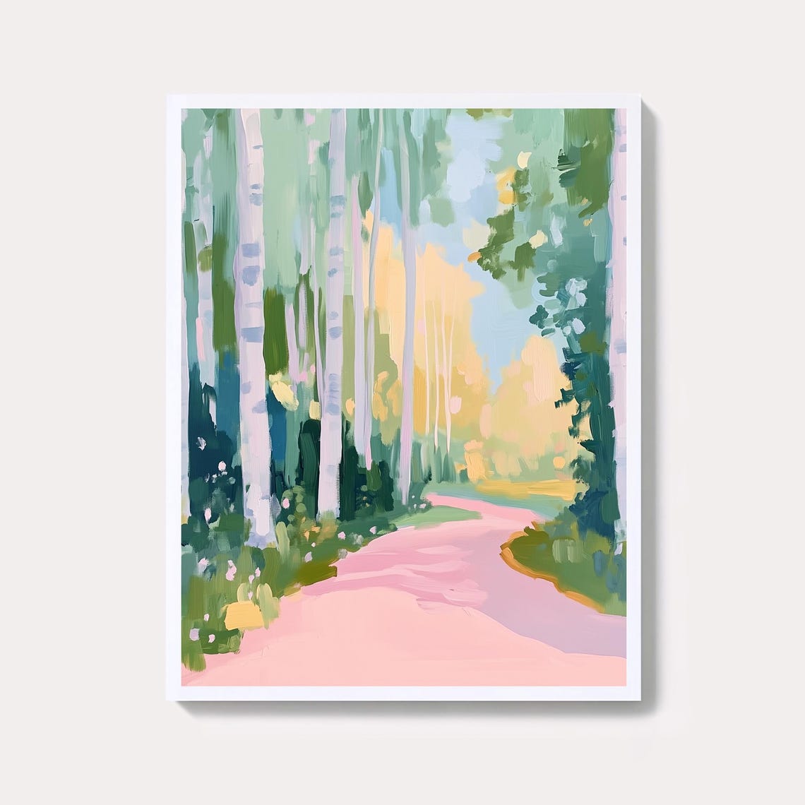 Pastel Birch Forest Path Through Spring Woodland Scenic Poster