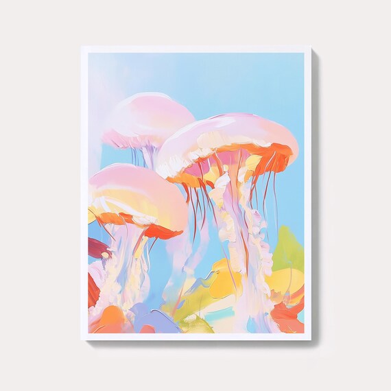 Turquoise Jellyfish Painting Abstract Coastal Art Print