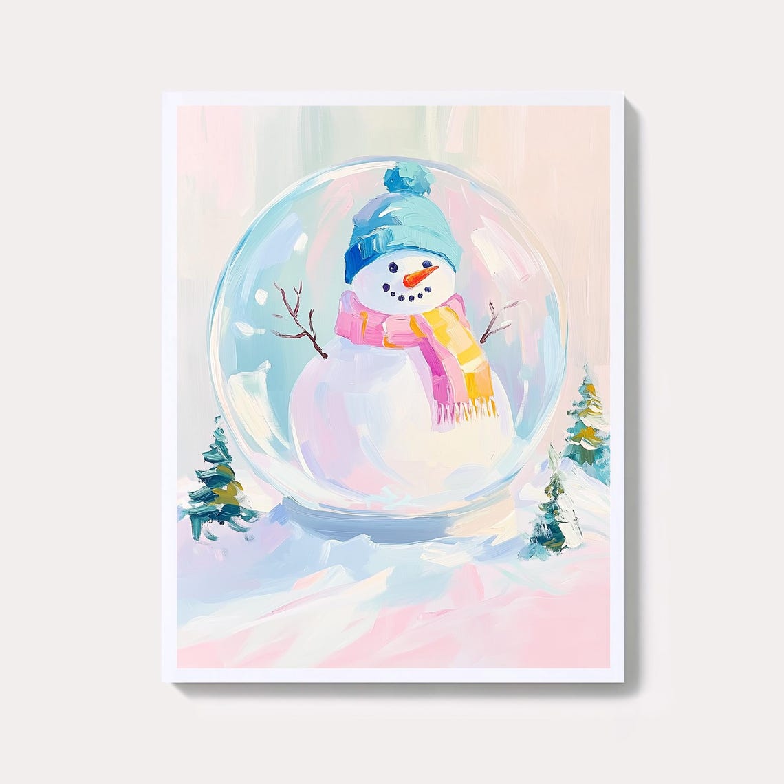 Cute Smiling Snowman Inside Snow Globe Pastel Winter Holiday Poster
