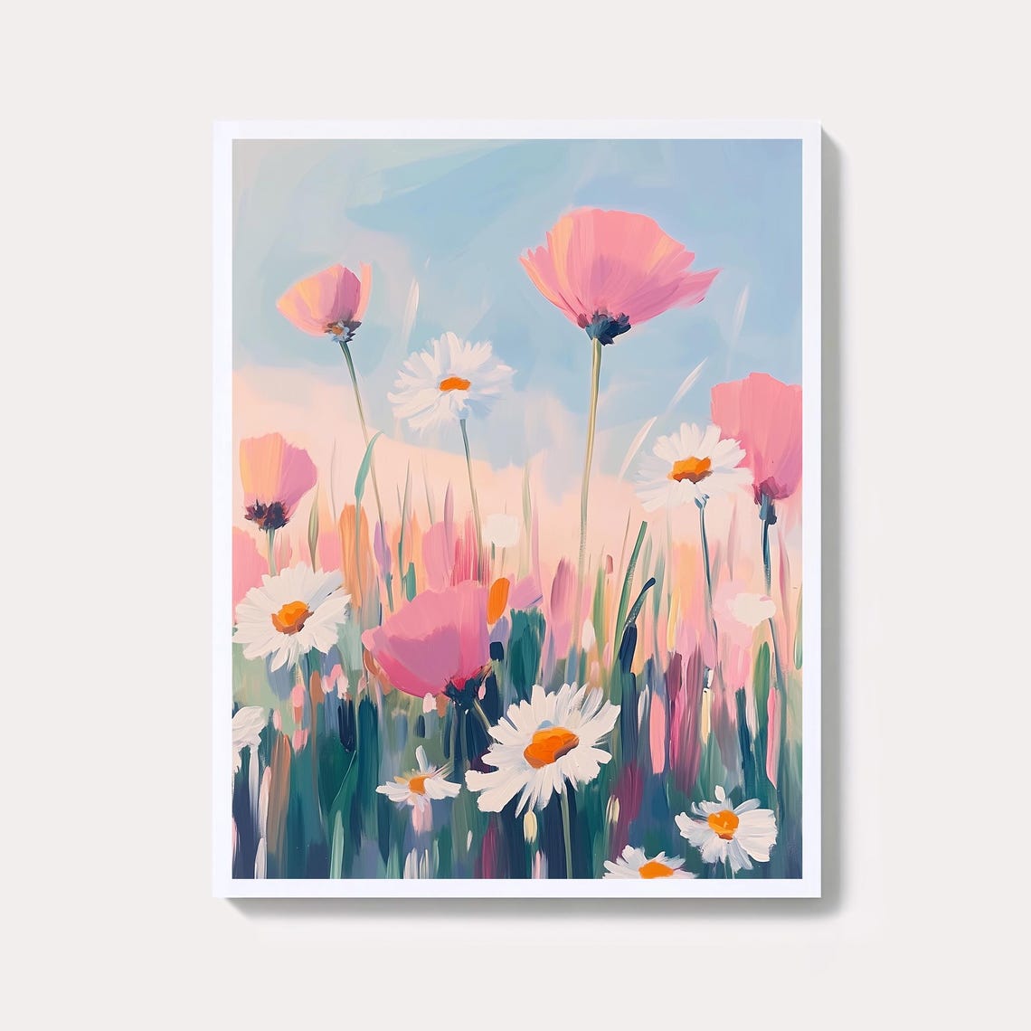 Pastel Meadow Poppies And Daisies Floral Landscape Art Poster