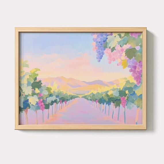 Pastel Vineyard Rows At Sunset With Grape Clusters Landscape Poster