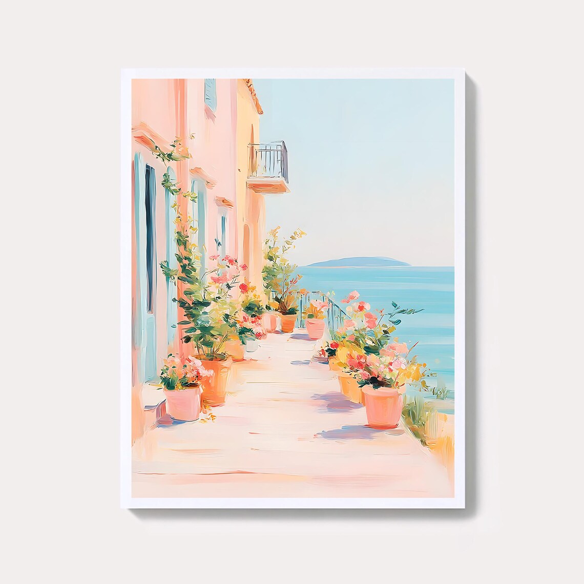 Pastel Coastal Balcony Terrace Sea View Mediterranean Poster