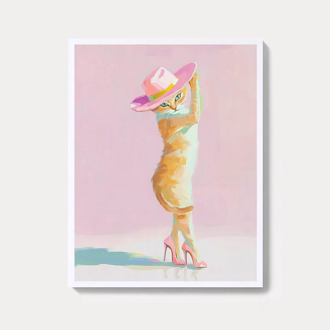 Fashion Cat In Pink Cowboy Hat And Heels Fun Animal Art Poster