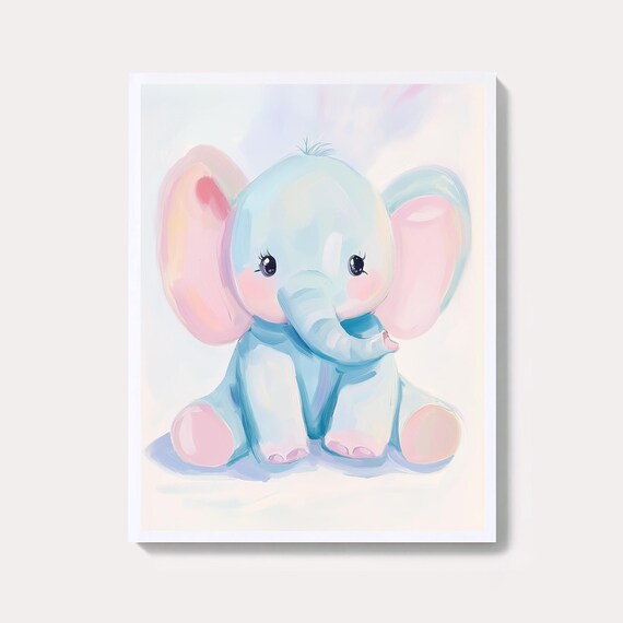 Cute Pastel Baby Elephant Watercolor Nursery Animal Portrait Poster