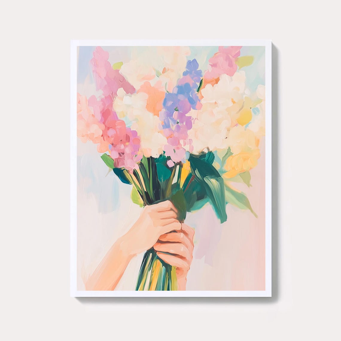 Pastel Bouquet Held in Hand With Spring Flowers Soft Floral Wall Art