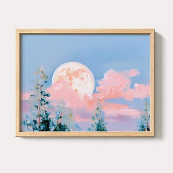 Pastel Pine Trees Moon Painting Dreamy Forest Wall Art Print Celestial