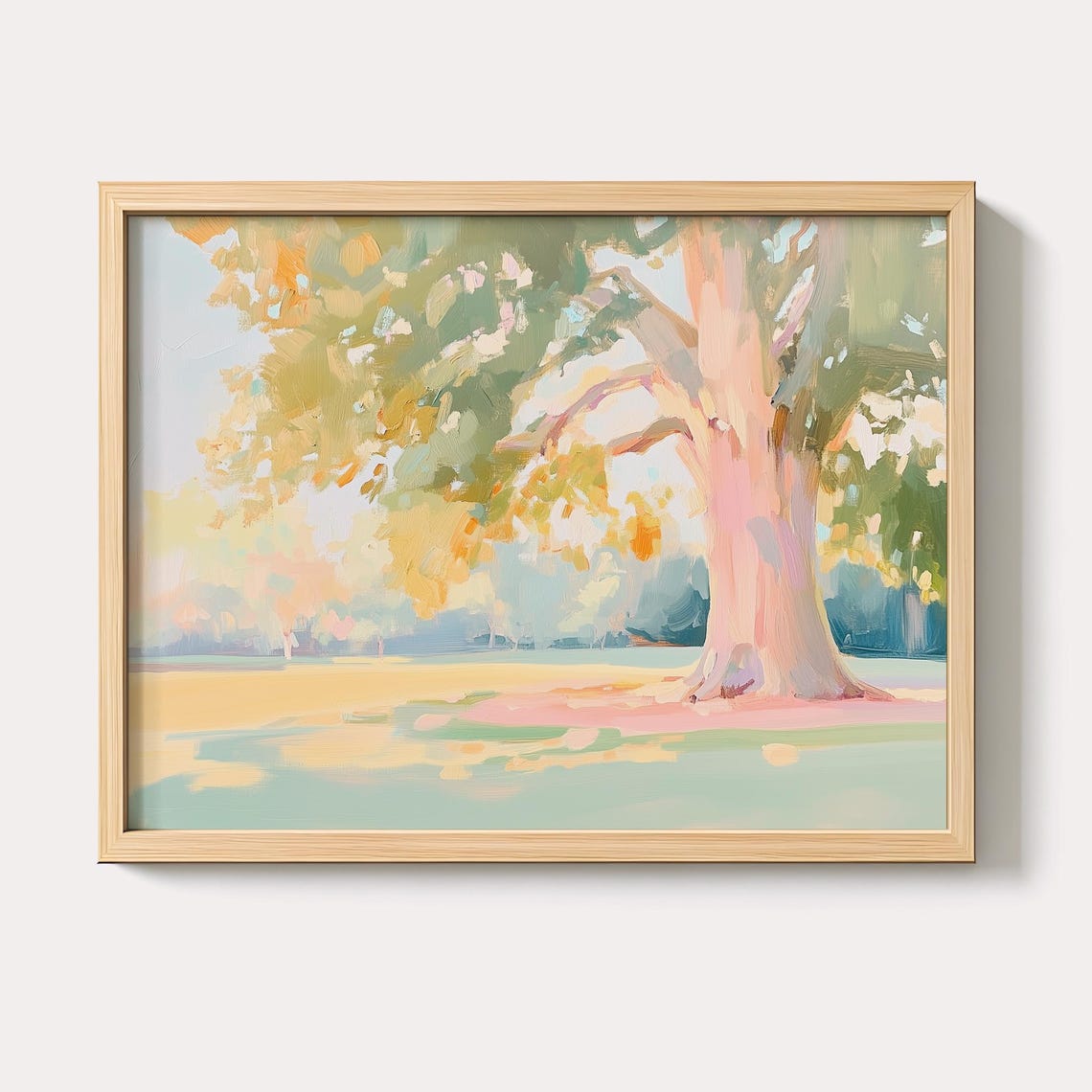 Pastel Pink Tree Trunk Over Golden Meadow Countryside Wall Art