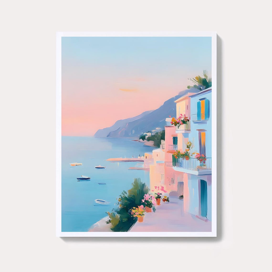 Pastel Coastal Village Terrace View Mediterranean Sunset Wall Art