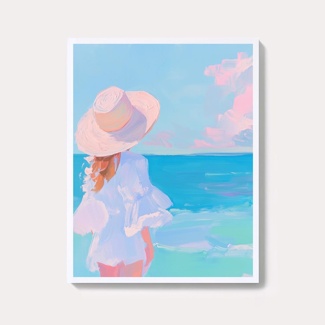 Coastal Girl in Sun Hat Pastel Beach Summer Scene Art Poster