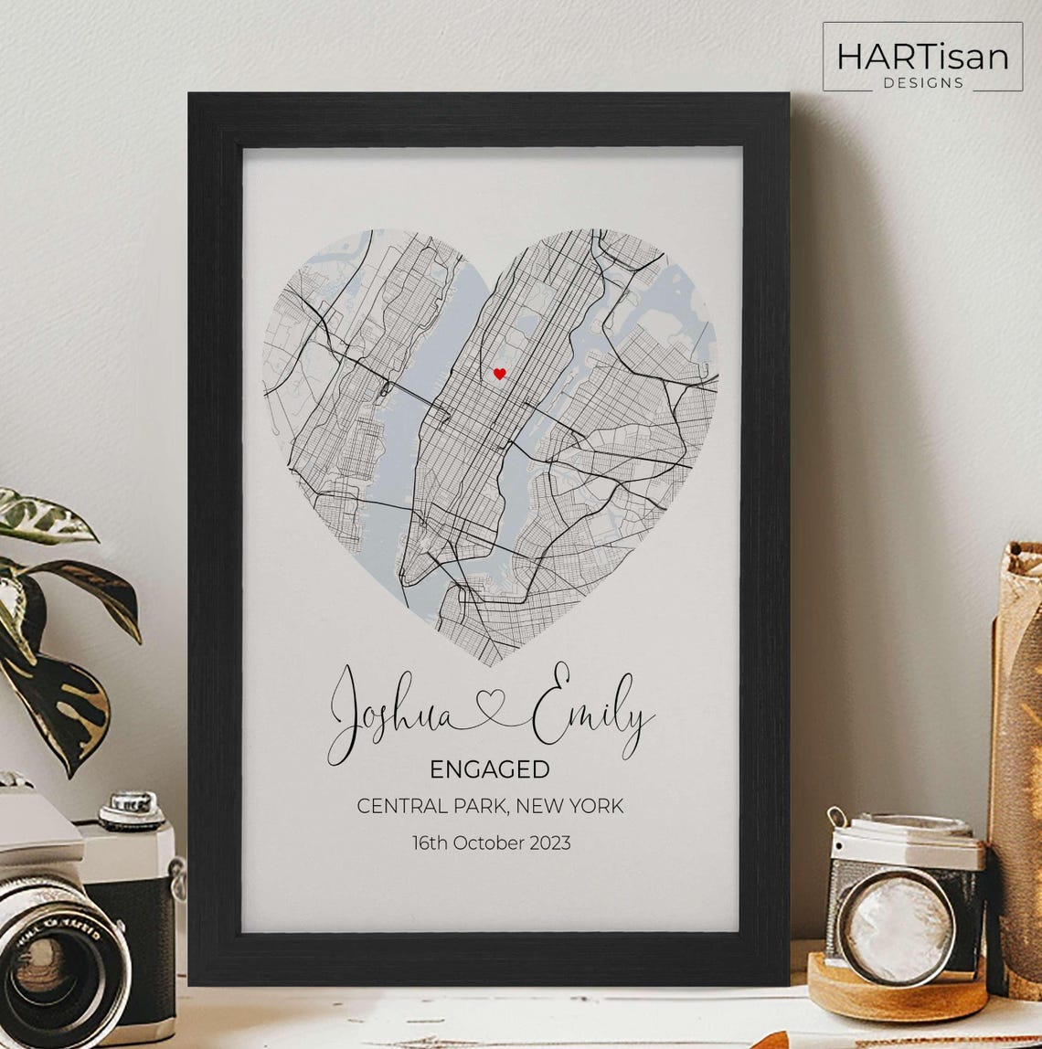 Personalized Heart Map Engagement Location Custom Gift Poster