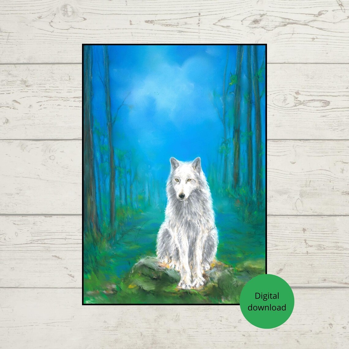 Majestic White Wolf Sitting in a Misty Blue Forest Poster Art
