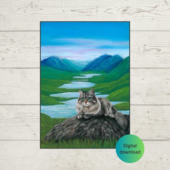 Longhair Tabby Cat On Rock Above Green Valley Lakes Nature Poster
