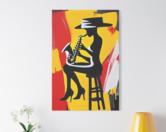 Jazz Saxophone Woman Silhouette Hat Bold Yellow Red Abstract Poster