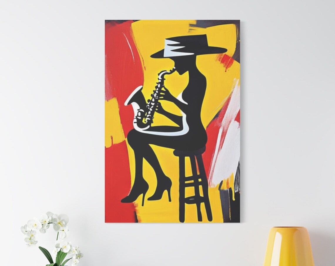 Jazz Saxophone Woman Silhouette Hat Bold Yellow Red Abstract Poster