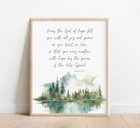 Romans 1513 Hope Peace Scripture Mountain Lake Watercolor Poster