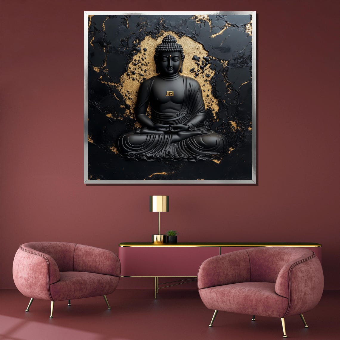 Black Buddha 3D Relief Sculpture on Gold Cracked Marble Poster - Image 3